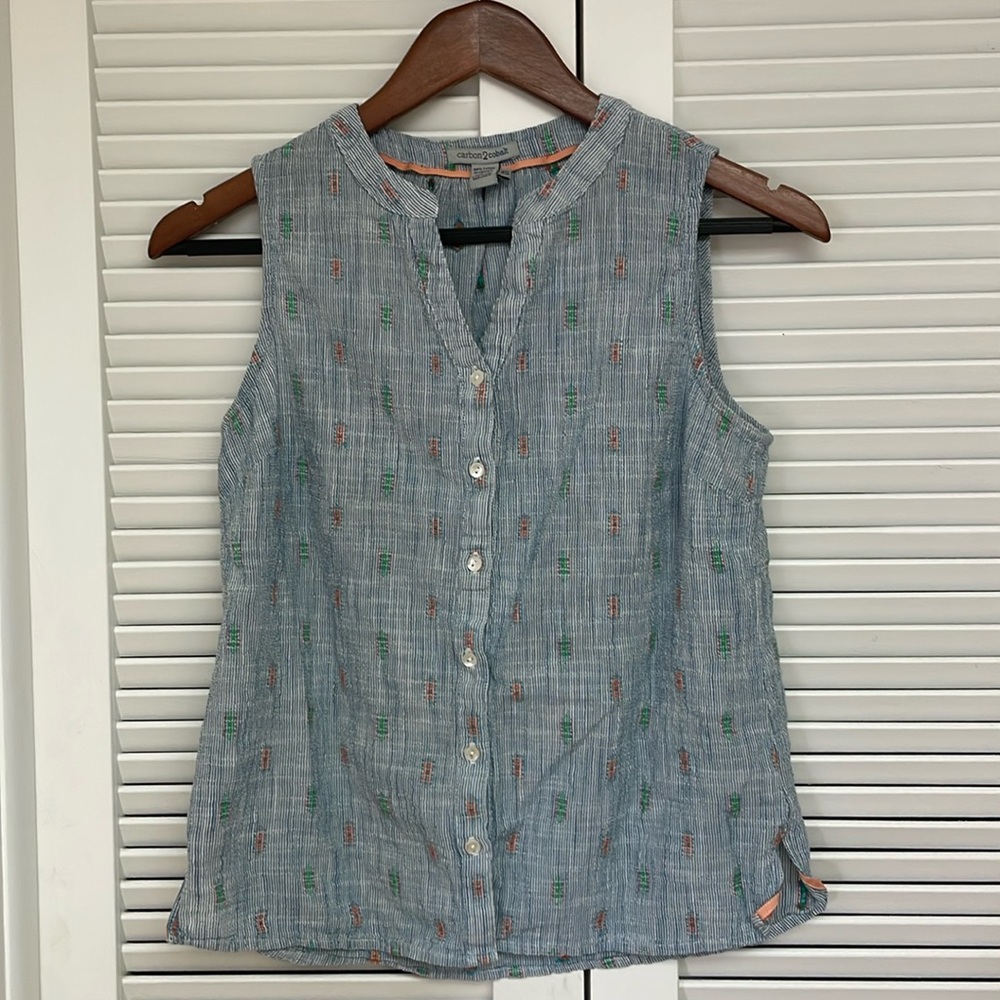 Carbon2Cobalt sleeveless blouse, blue with green and orange accents 100% cotton